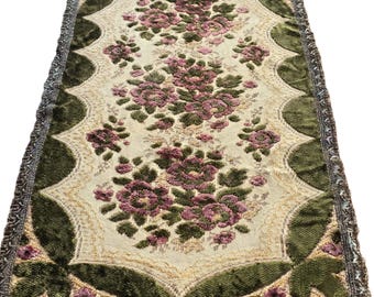 Velvet Tapestry Table Runner, Vintage Belgian Dresser Scarf with Gold Metallic Lace Trim, Pink Green Floral Table Mat, Victorian Home Decor