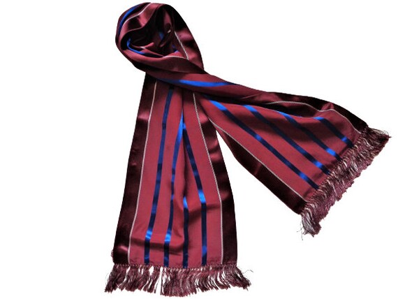Vintage Men's Silk Scarf, Burgundy Blue Striped S… - image 6