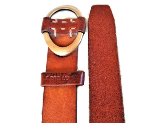 Vintage REPLAY Belt, Tan Brown Thick Leather, Solid Brass  display picture 2