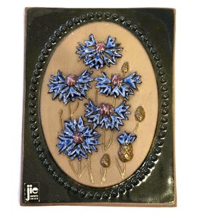 Vintage Wall Relief Plaque with Flowers, Jie Gantofta Sweden, Swedish Ceramic, Botanical Art, cornflower blue
