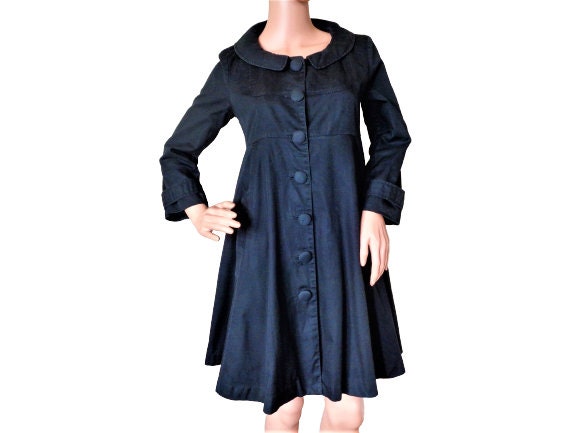 Vintage Black Trench Coat, Swing Flared Dress Coat, Peter Pan