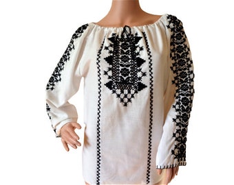 Vintage Peasant Blouse, Romanian Folk Embroidery, Black White Embroidered Blouse, Ethnic Blouse, Home made