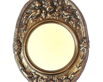 Vintage Oval Brass Wall Mirror Ornate Repousse Frame with Birds Flowers Antique Bohemian Style Decor for Vanity Living Room Bedroom Entryway