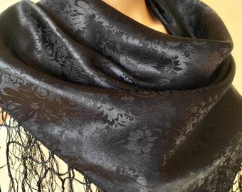Fringed Jacquard Silk Scarf Flower Pattern Black Square Women Scarves for Head Hair Neck Trachten Dirndl Outfit