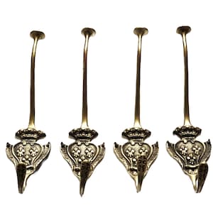 Brass Wall Hook Set of 4 Vintage French Fleur de Lis Design with Ornate Shield Backplate Antique Double Hook Hangers for Coat Hat  Key Towel