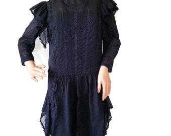 Isabel Marant Ruffled Black Dress Embroidered Lace Cotton Gauze Mock Neck Mini Tunic Dresses Everyday Party Women Clothing size 36