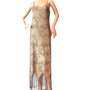 Vintage Mesh Maxi Fringe Dress, Long Sparkly Gold Party Dresses, Spaghetti Straps, Cocktail Wedding Clothing Evening Formal Wear