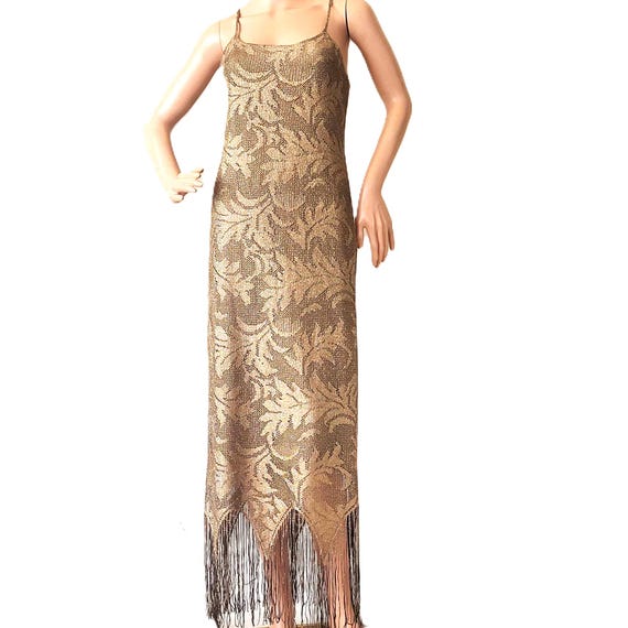 Vintage Mesh Maxi Fringe Dress, Long Sparkly Gold Party Dresses, Spaghetti Straps, Cocktail Wedding Clothing Evening Formal Wear