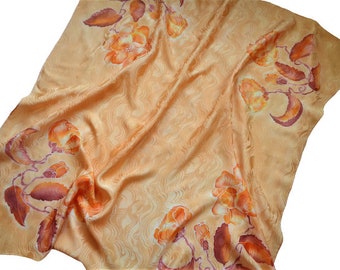 Jacquard Damask Silk Scarf with Floral Print, Orange Pastel Head Scarf, Large Square Scarves