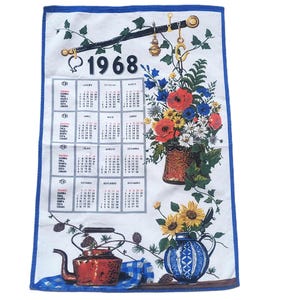 Vintage 1968 Calendar Tea Towel Rustic Floral Motif Mid Century