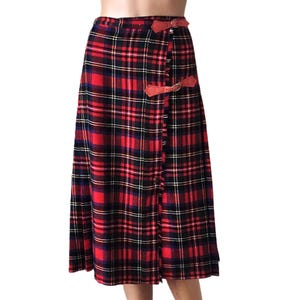 Vintage Tartan Plaid Wrap Skirt Red Black Green Wool Checkered Pleated Wrapped Design Size 48  XL Scottish Tradition Style