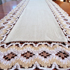 Vintage Long Table Runner, Beige Brown White Table Scarf, Crochet Trim