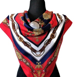 Vintage Blue Red Womens Scarf with Chains and Baroque Print