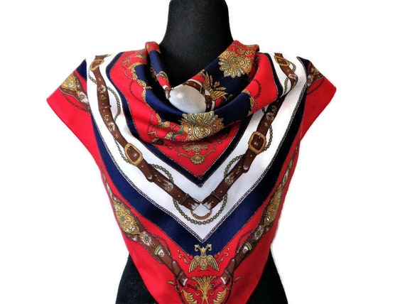 Vintage Blue Red Womens Scarf with Chains and Bar… - image 1