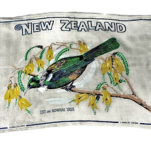 New Zealand Linen Towel, Tui and Kowhai Flower, New Zealand Souvenir, Souvenir Tea Towel