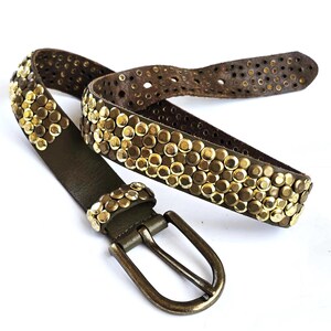 Khaki green Studded Leather Belt with Brass Buckle Rocker Biker Belt Women M Khaki Green Brass Tone Studded  main image 3
