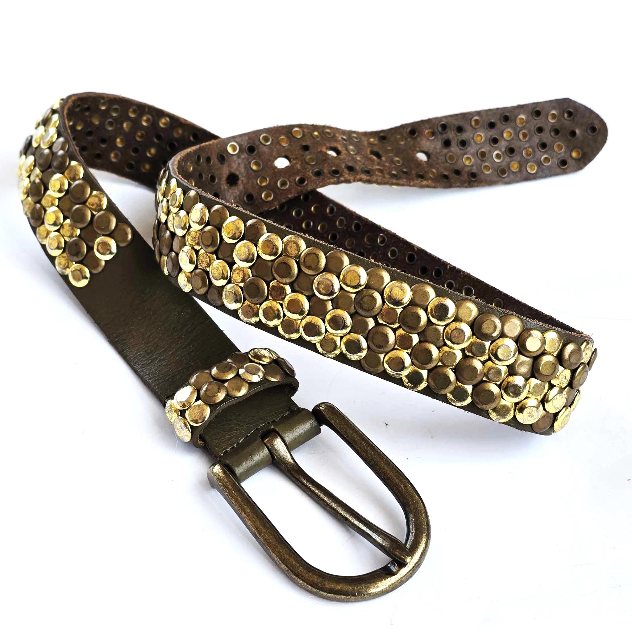 Sam Brown Vintage Real Leather Studded Belt Army Green With  display picture 2