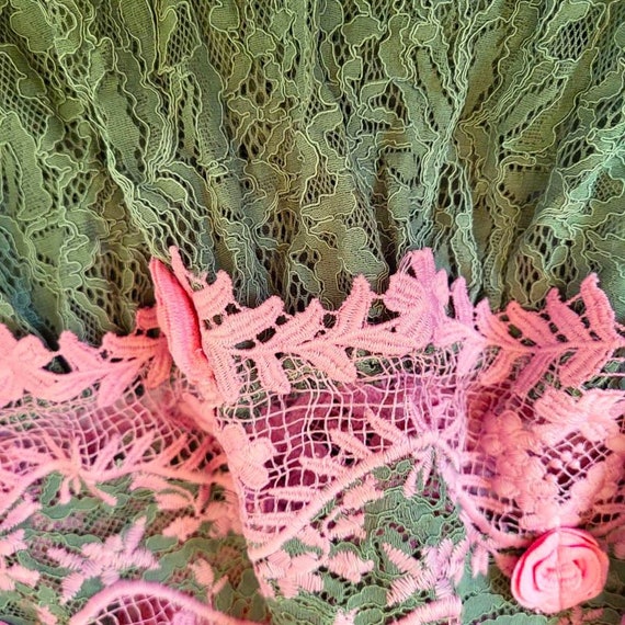Vintage Italian Lace Dress, Pink Green with Roses… - image 8