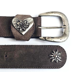 Traditional Bavarian Belt with Pewter Edelweiss Heart Vintage Brown Leather Dirndl Belt Trachten Festival Folk Costume Accessories Unisex