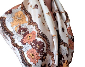 Vintage Silk Floral Scarf, Beige Brown Yellow Headscarf, Fall Colors Head Scarf