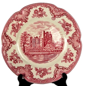 Red Dinner Plate, Johnson Bros England, Old Britain Castles, English China Pink transferware