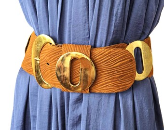 Cinturón ancho vintage para mujer con discos de metal dorado, hebilla dorada grande, de piel auténtica marrón texturizada, accesorios de moda bohemios para la cintura.