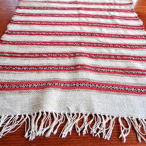 Scandinavian Loomed Table Runner, Double Sided, Red Beige Striped Nubby Table Topper, Long Wool Woven Table Scarf, Swedish Table Linens