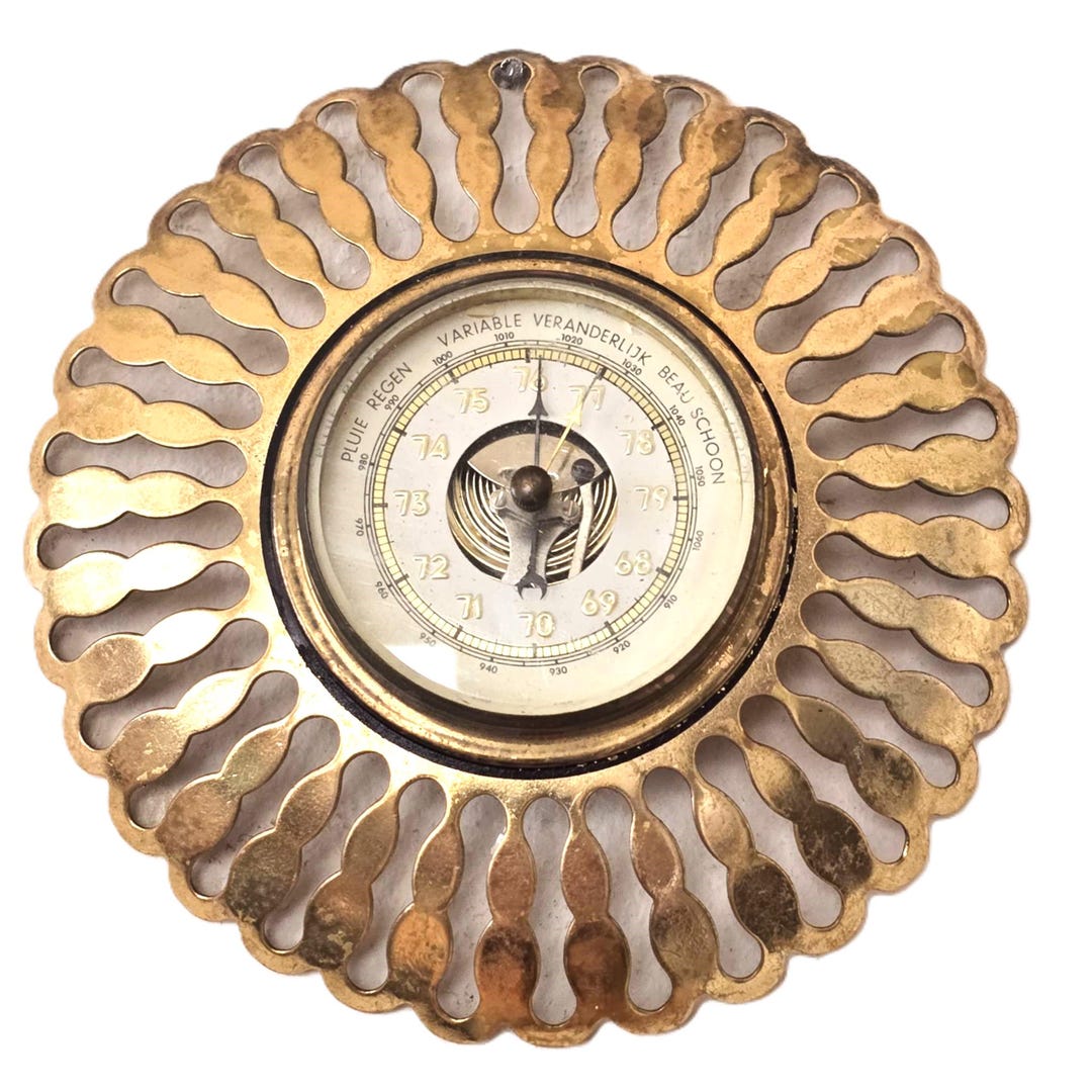 Vintage Brass Barometer Wall Hanging, Mid Century Aneroid Weather ...