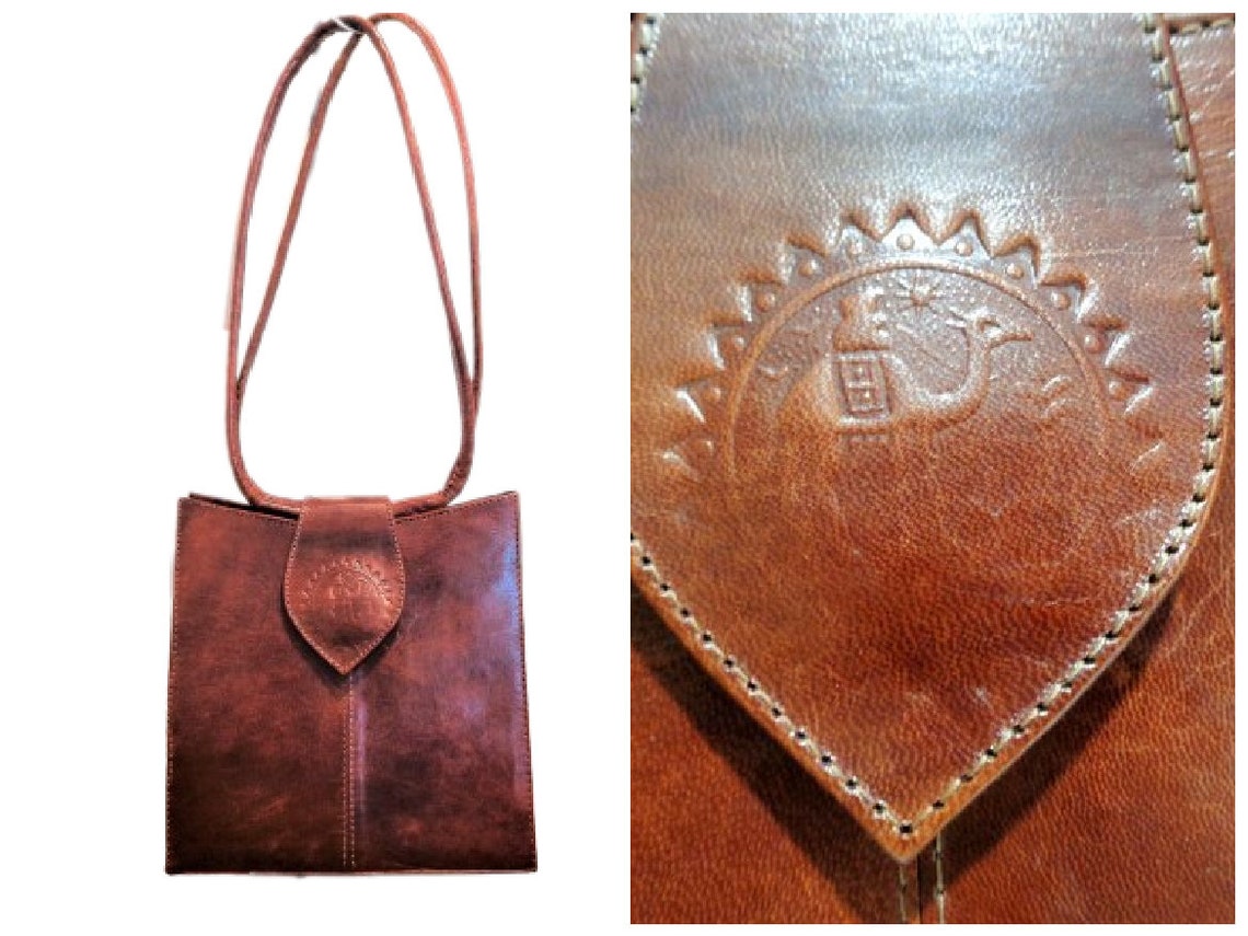 Vintage Tooled Leather Shoulder Bag: Embossed Camel, Moroccan Handbag, photo 3 sur 5