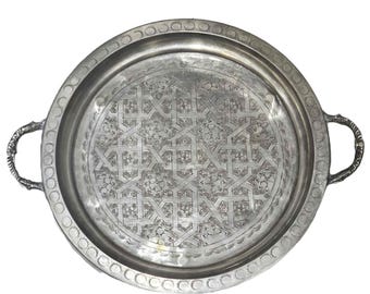 Large Moroccan Silver Plated Brass Serving Tray with Handles Footed Middle Eastern Geometric Design Vintage Decorative Arabic Accent Decor