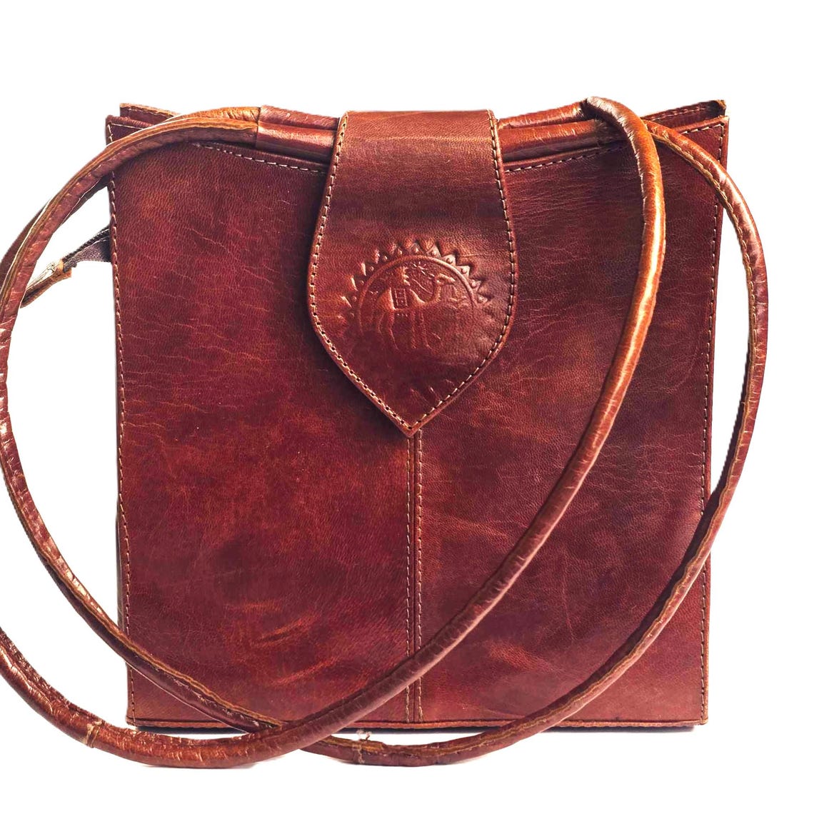 Vintage Tooled Leather Shoulder Bag: Embossed Camel, Moroccan Handbag, photo 1 sur 5