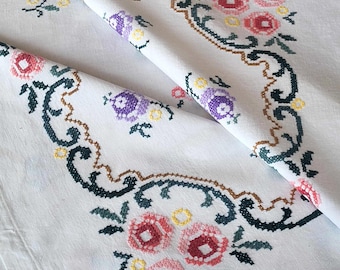 新品 テーブルクロス ヴィンテージ ② 刺繍 ハンドメイド1970s 1970年代の手作りテーブルクロス、ヴィンテージクロスステッチ刺繍