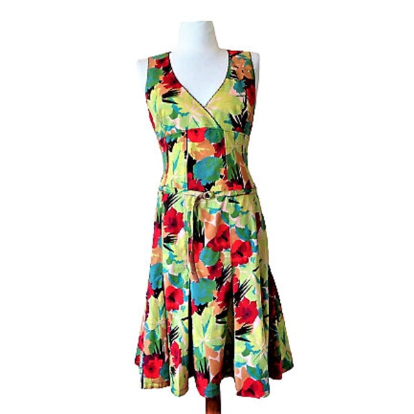 Karen Millen Dress, Green Cotton Dress, Fit Flare Floral Dress, Multi color Pleated Dress, Summer Party Dress, Vintage 80s Everyday Dress