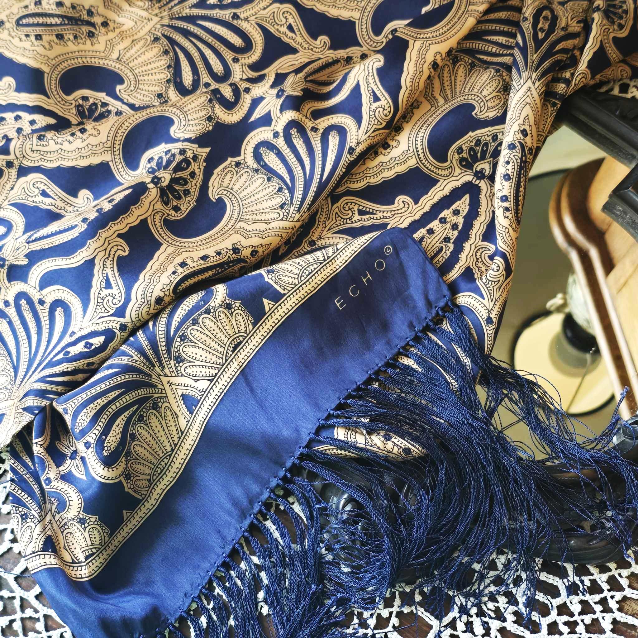 Navy and Gold Patterned Hair Scarf with Decorative Brooches Navy Blue and Gold Womens Scarf - Etsy main image 2