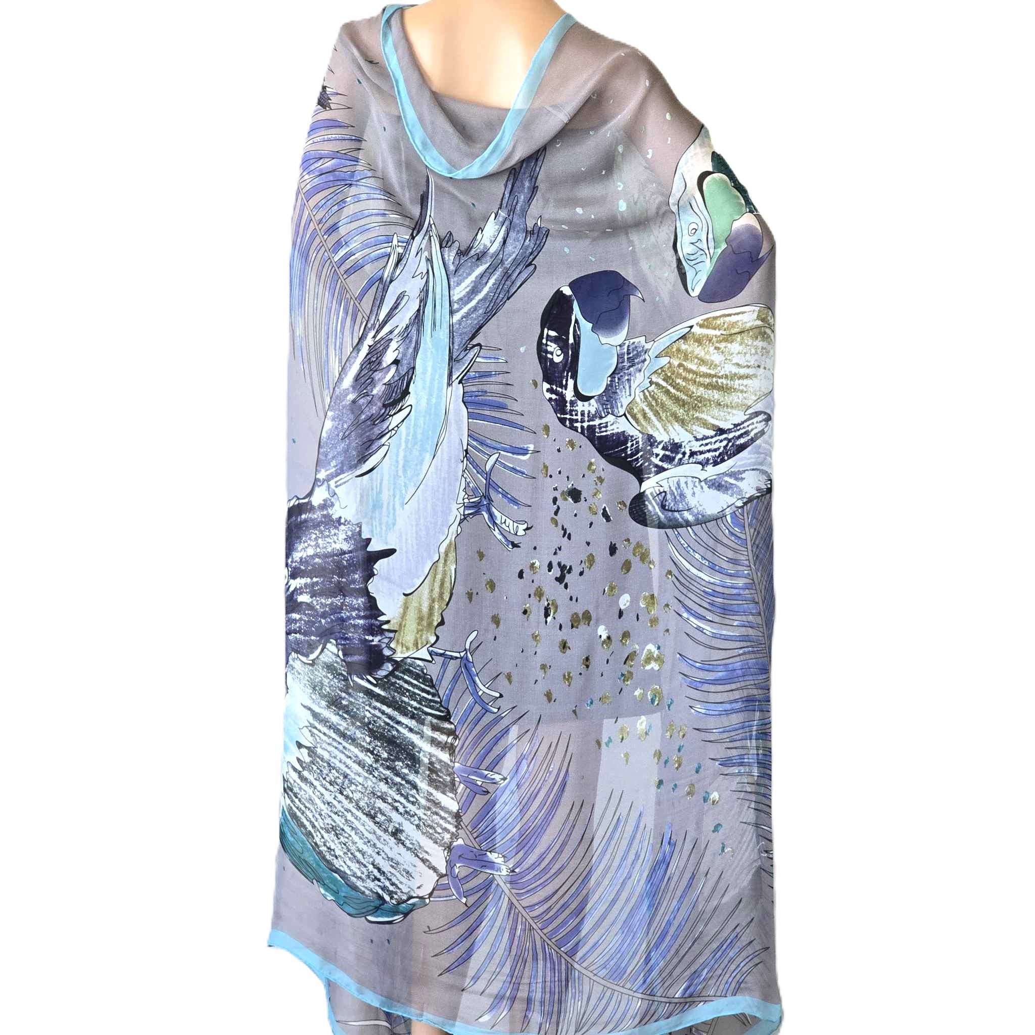 Becksondergaard Extra Large Silk Scarf Parrot Bird Print Multicolor Blue Gray Beach Cover Up Pareo Sarong Luxury Evening Shawl Wrap Vintage