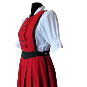 Linen Dirndl Dress, Red Pleated Dress, Trachten Pinafore Dress, Oktoberfest Pinafore Dirndl,Vintage Austrian Folk Dress