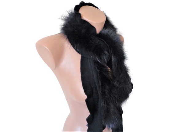 Knit Fur Scarf, Real Fox Fur Black Knitted Scarf,… - image 2
