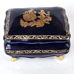 Vintage LIMOGES France Porcelain Box, Jewelry Storage Casket, Cobalt Blue Gold, Ornamental Art Nouveau