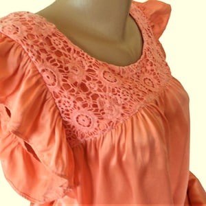 Silk Lace Nightgown, Peach Night Dress, Flutter Sleeves Night Gown, Silk Satin Lingerie, Vintage Women's Fashion, Danish Designer