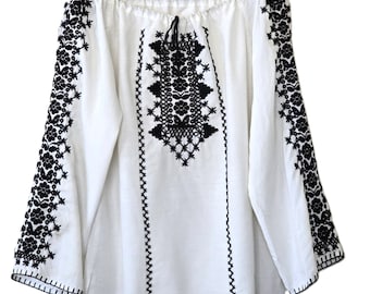 ヴィンテージ刺繍ブラウス、黒と白のルーマニア民族シャツ