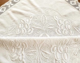 Vintage White Linen Tablecloth Hand Embroidered 56'' Square Wedding Dining Table Cloth Cutwork Motif