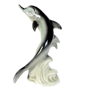 Dolphin Sculpture, Pate de Limoges France, Fish Porcelain Figurine, Beach Coastal Home Decor, Pool Deck Art