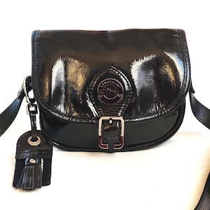 LONGCHAMP Crossbody Bag, Schwarz Lackleder Kleine Damen Geldbörse Mini Schultertasche Vintage 2000er Jahre Französische Designer Mode Handtasche Satchel