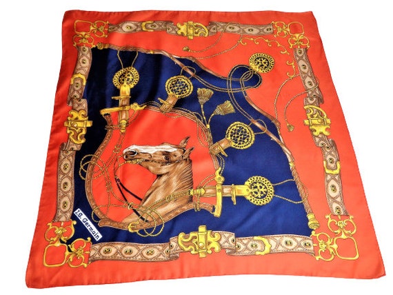 Horse Print Scarf, Vintage Equestrian Scarf, Red Blue Gold Horse Print Scarf, Vintage Equestrian Scarf, Red Blue Gold