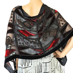 Vintage Burnout Velvet Scarf with Fringe, Black Red Paisley Devore Shawl, Long Evening Wrap