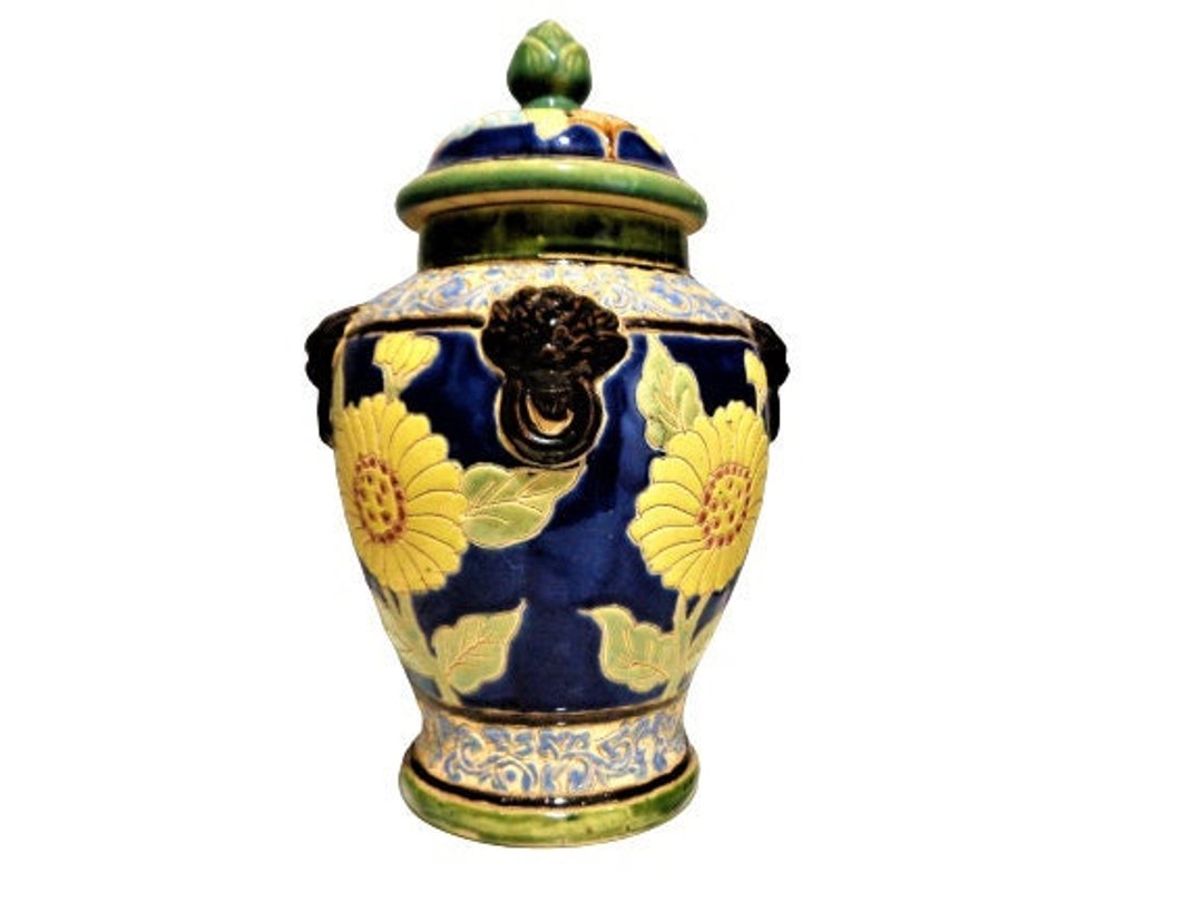 Vintage Ginger Jar With Lid, Italian Ceramic Pottery Pot, Large Lidded