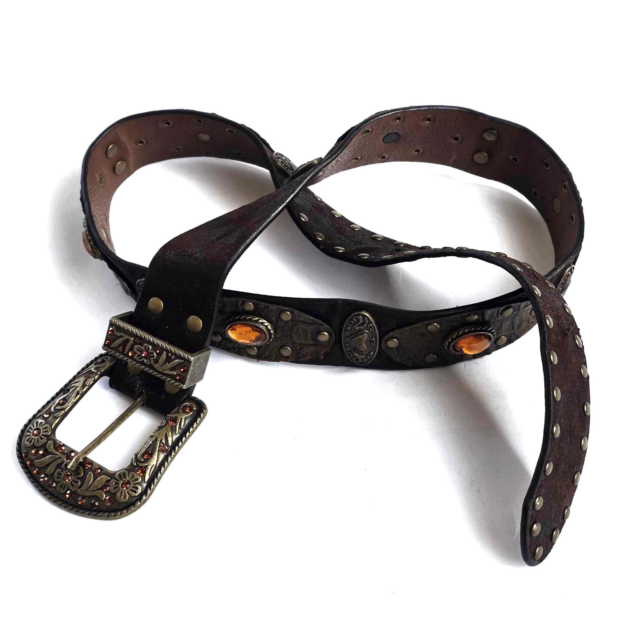 VINTAGE WESTERN BOHO Brown black Stitched suede Belt antique brass tone buckle Cowboy main image 3
