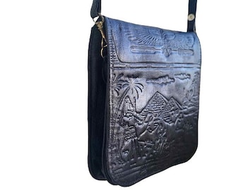 Tooled Leather Purse Egyptian Pyramids Pharaoh Pattern Unisex Small Crossbody Bag Black Satchel Saddle Bag Souvenir Gift of Egypt