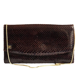 Vintage 70er Jahre Pierre Cardin Schlangenleder Clutch mit Goldkette, Schlangen Schultertasche, Braune Leder Handtasche Geldbörse, Französische Designer Abendtasche