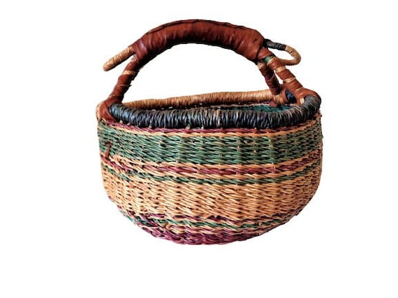 Bolga Basket, Small Round Basket with Leather Han… - image 1
